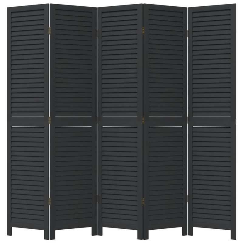 Room Divider with 5 Panels Made of Solid Paulownia Wood in Black. Attractive And Privacy-Protecting, Suitable for Offices, Bedrooms, And Living Rooms.