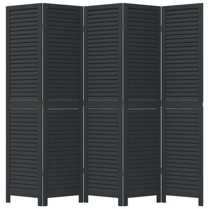 Room Divider with 5 Panels Made of Solid Paulownia Wood in Black. Attractive And Privacy-Protecting, Suitable for Offices, Bedrooms, And Living Rooms.