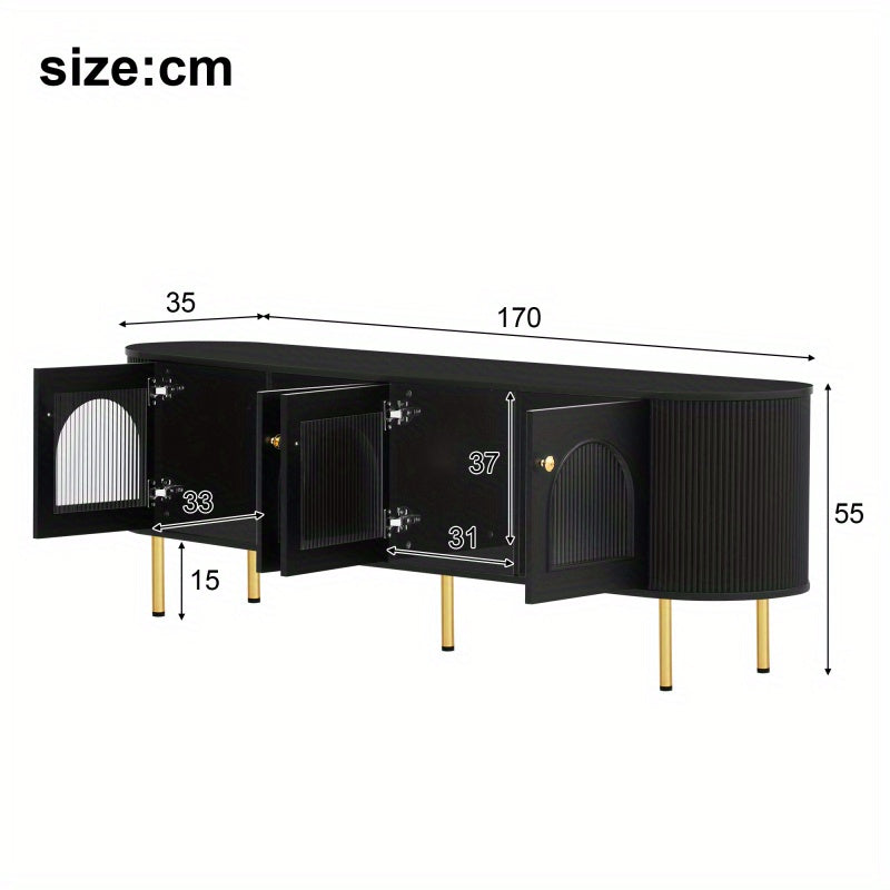 Tv-meubel – Lowboard – TV-kast – Media meubel – TV-dressoir – Zwart MDF met glazen deuren – Gouden handgrepen en poten – Ruime opbergruimte – Afgeronde hoeken