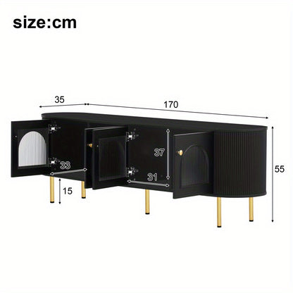 Tv-meubel – Lowboard – TV-kast – Media meubel – TV-dressoir – Zwart MDF met glazen deuren – Gouden handgrepen en poten – Ruime opbergruimte – Afgeronde hoeken