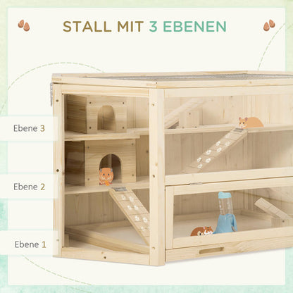 Small Animal Cage, Rodent Cage, Rodent Home with 1 Ramp, 1 Seesaw, Removable Bottom Tray, Made of Fir Wood, Natural, Hamster Cage, Rat Cage, Large Hamster Cage, Guinea Pig Cage, Chinchilla Cage, Bunny Cage, Ferret Cage, Gerbi