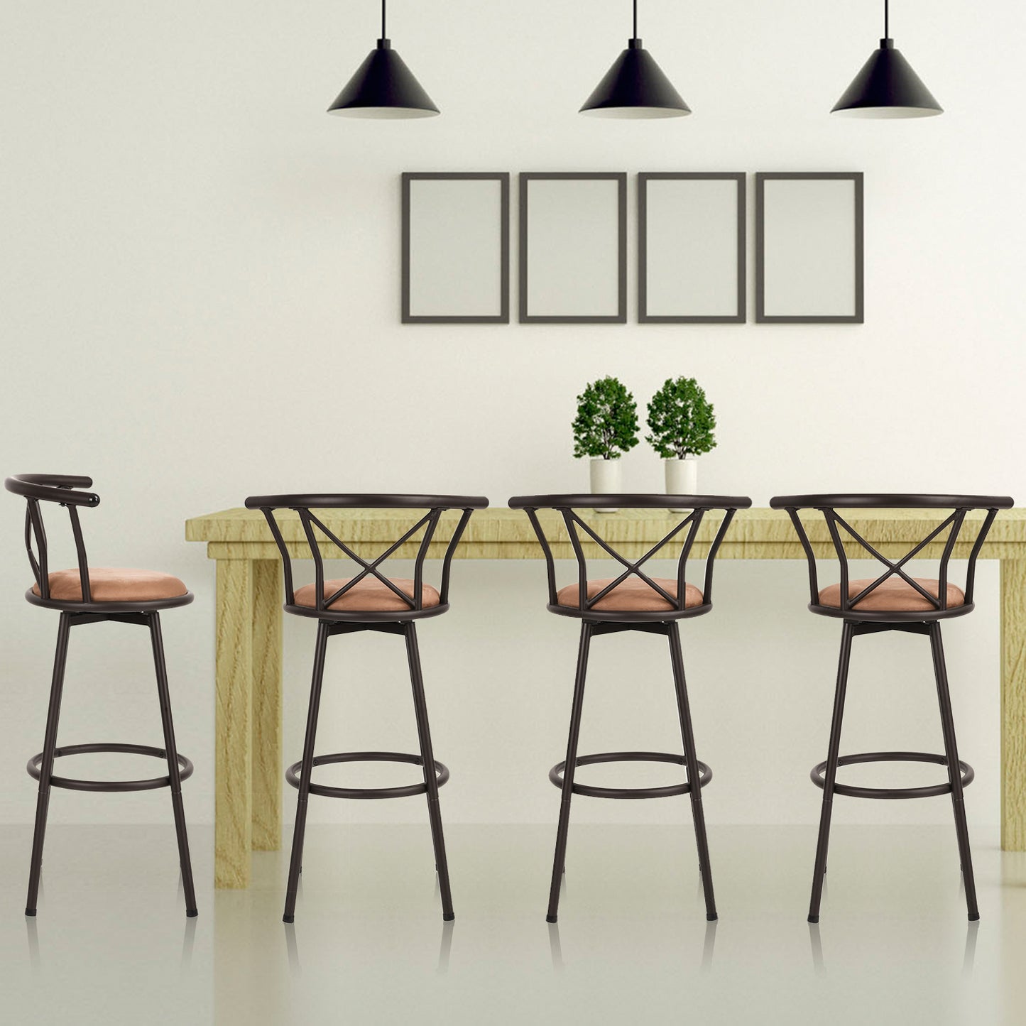 barkrukken – barkruk – barstoel – keukenkruk – counterstoel – vintage design – 360° draaibaar – zachte suède zitting – metalen poten – set van 4 – 75,5 cm zithoogte – bruin