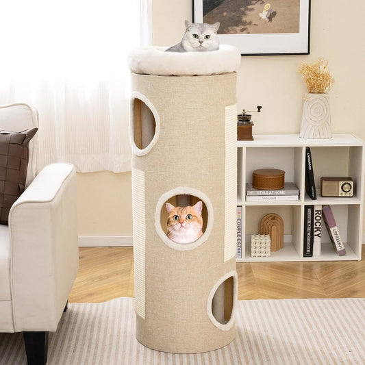 3-laagse kattenhol – kattenhuisje – krabpaal – kattenmeubel – kattenhuis – natuurlijk bamboe – ademend stof – geïntegreerde krabpaal – bovenste uitkijkpunt