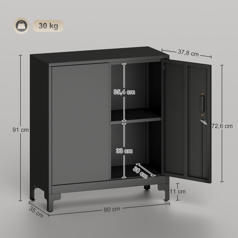 Opbergkast – Metalen Kast – Lockerkast – Archiefkast – Kantoorkast – Zwart Metalen Frame – Houtlook Deuren – 2-Laags – Vergrendelbaar Sleutelslot