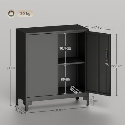 Opbergkast – Metalen Kast – Lockerkast – Archiefkast – Kantoorkast – Zwart Metalen Frame – Houtlook Deuren – 2-Laags – Vergrendelbaar Sleutelslot