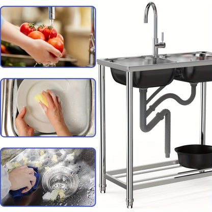 Dubbele RVS Spoelbak – RVS Keukenspoelbak – Vrijstaande Spoelbak – Dubbele Waskom – Buiten Spoelbak – 78x43x82 cm – Inclusief Warm- en Koudwaterkraan – Roestvrij Staal