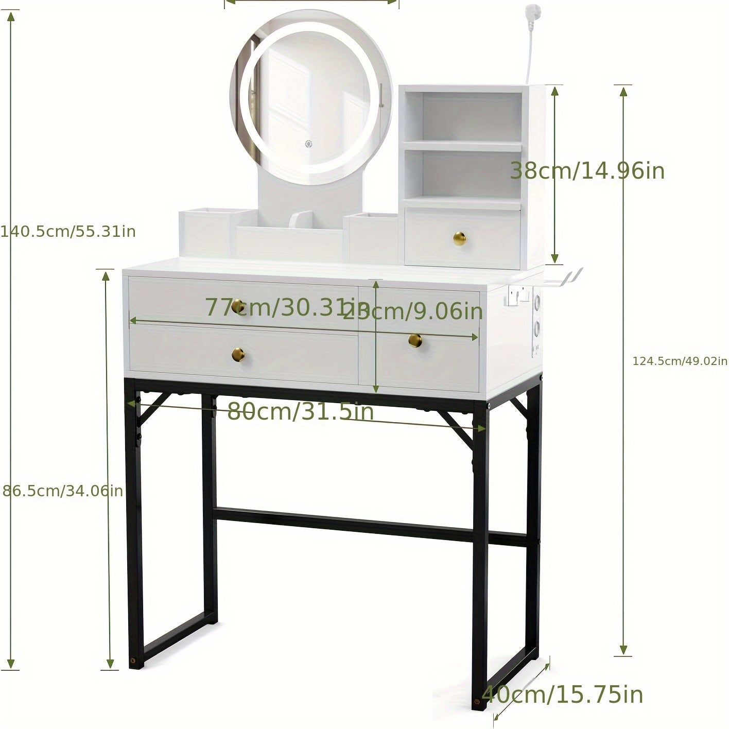 Make-up Tafel – Kaptafel – Visagie Tafel – Slaapkamer Meubel – Make-up Bureau – Grote Ronde Spiegel – Haardrogerhouder – 4 Lades – Zwart Metaal – Compact 80x40x125 cm