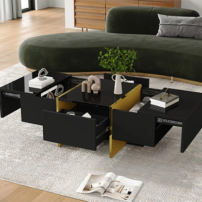 Salontafel – Koffietafel – Woonkamertafel – Bijzettafel – Tafel met Lades – Hoogglans Zwart – Ruimtebesparend Ontwerp – Vier Lades