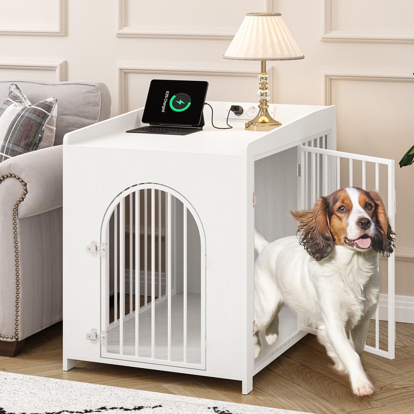 Hondenbench – Hondenkooi – Hondenhok – Hondenren – Dierenbench – Wit – Met USB Poorten En Stopcontacten – 2 Deuren Met Boogvormige Toegang – Geschikt Voor Middelgrote En Kleine Honden – 63x90x79 cm