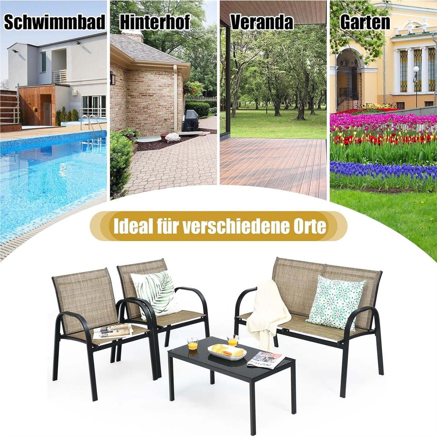 Tuinmeubelset 4-Delig – Tuinset – Loungeset – Balkonmeubilair – Terrasmeubilair – Weerbestendig Metaal – Met Glas – Bruin