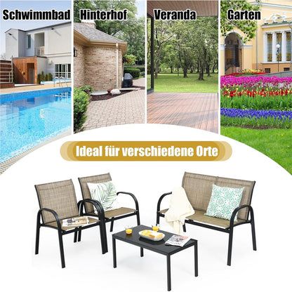 Tuinmeubelset 4-Delig – Tuinset – Loungeset – Balkonmeubilair – Terrasmeubilair – Weerbestendig Metaal – Met Glas – Bruin