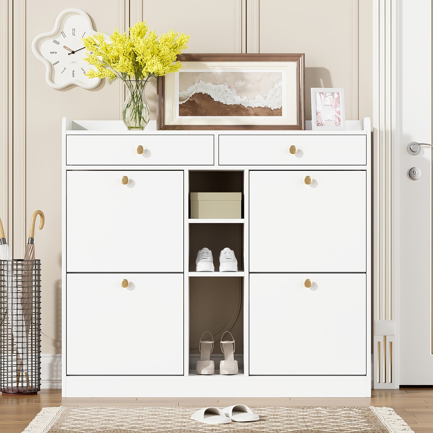 Schoenenkast – Schoenenrek – Schoenenopberger – Schoenenbank – Kast – Wit – 4 Draaideuren & 2 Lades – 110x26x100 cm – Ruime Opbergruimte – Gouden Handgrepen