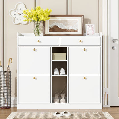 Schoenenkast – Schoenenrek – Schoenenopberger – Schoenenbank – Kast – Wit – 4 Draaideuren & 2 Lades – 110x26x100 cm – Ruime Opbergruimte – Gouden Handgrepen