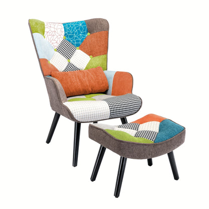 Lezenstoel – Fauteuil – Relaxstoel – Lounge Chair – Leesstoel – Hoog Rugleuning Design – Patchwork Stofmix Met Voetkruk