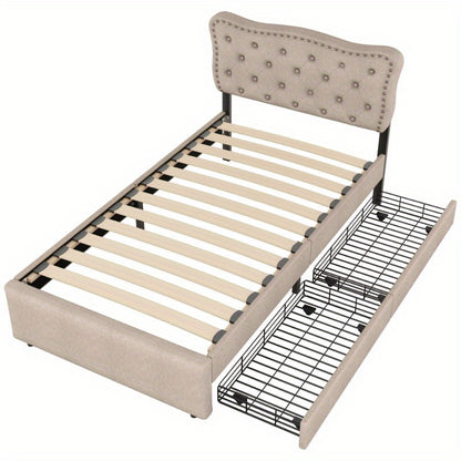 Gestoffeerd Bed – Boxspringbed – Slaapbank – Bedframe – Ledikant – 90x200 cm – Padded Hoofdbord Met Decoratieve Spijkers – Moderne Opberglades Donker Beige