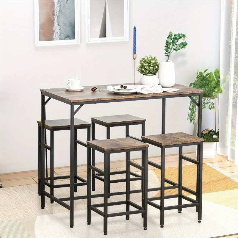 Bartafelset – Barset – Bistroset – Barkrukset – Eettafelset – Ruimtebesparend Ontwerp – Melamine Tafelblad & Stalen Frame – Rustic Bruin/Zwart – 4 Inklapbare Krukken