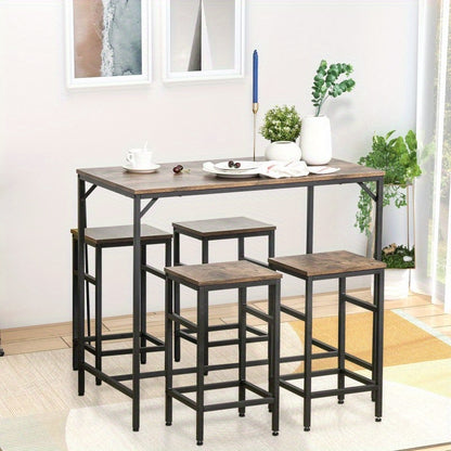Bartafelset – Barset – Bistroset – Barkrukset – Eettafelset – Ruimtebesparend Ontwerp – Melamine Tafelblad & Stalen Frame – Rustic Bruin/Zwart – 4 Inklapbare Krukken