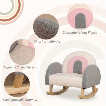 Cute Modern Rocking Chair with Plush Sheepskin-like Cushion - Soft Pastel  & Grey Rocking glider, Easy Assembly, Sturdy Eucalyptus Wood Base, Compact /Adult Rocking Chair for Living Room, Room Decor - Space-Saving Design, Lou