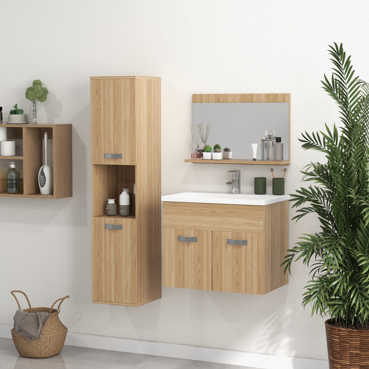 Badmeubelset – Badkamermeubel – Wastafelmeubel – Spiegelkast – Kolomkast – Zwevend Ontwerp – Keramische Waskom – Verstelbare Planken – Natuurlijke Houttinten