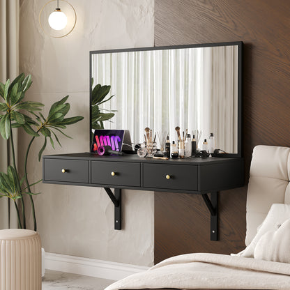 Modern Black Wall-Mounted Vanity Unit with Mirror - 3-Drawer Storage, Tablet Holder & Cup Rack, Space-Saving Bathroom/Bedroom Organizer, Metal Construction, Easy Assembly, 100.08cm Height, 3.2 Cu Ft Capacity, No Batteries/Ele