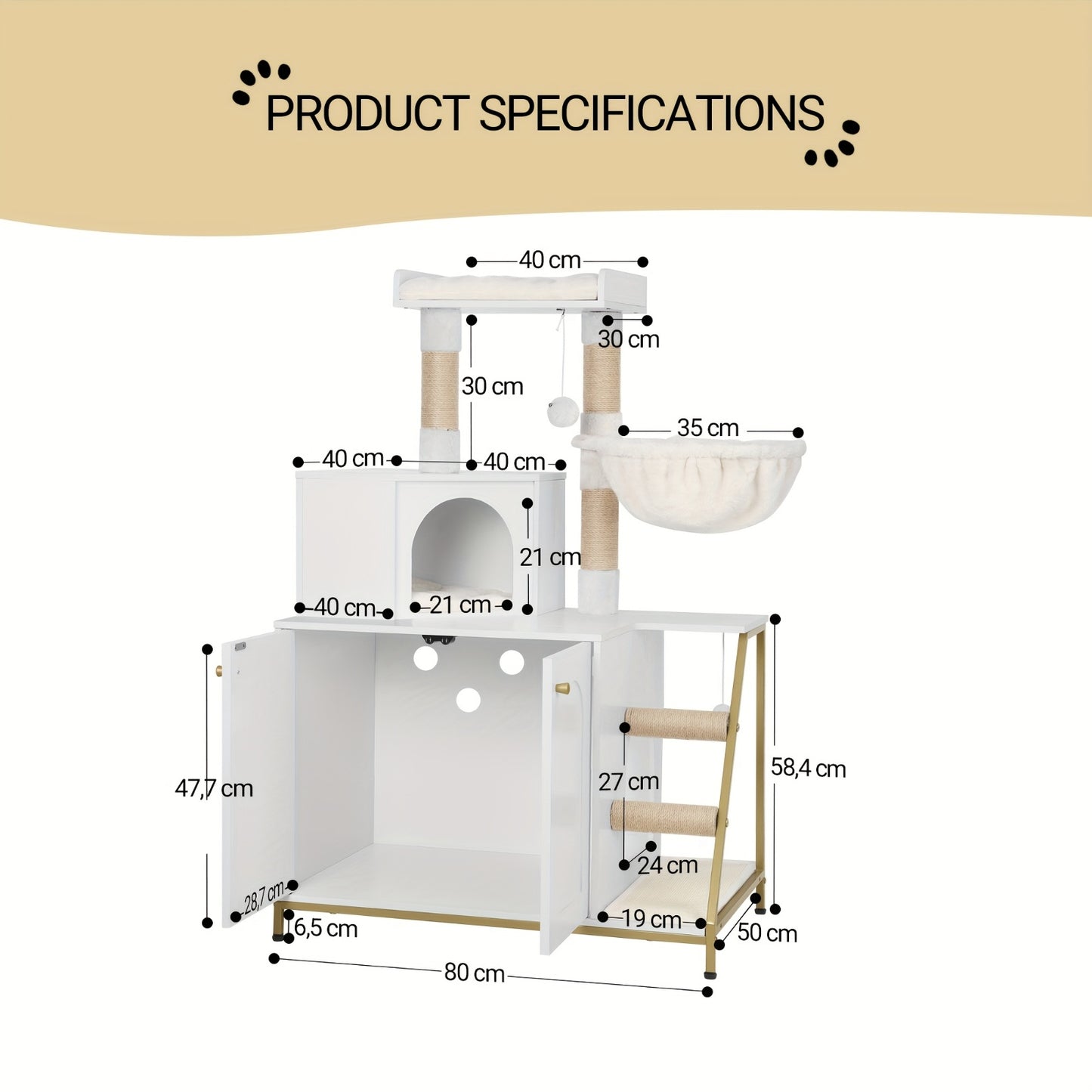 Kattenmeubel 4-in-1 – Kattenboom – Krabpaal – Kattenhuis – Kattenbakmeubel – Taupe – Ruim & Stabiel – Verstopte Kattenbak Met Sisal Krabpalen