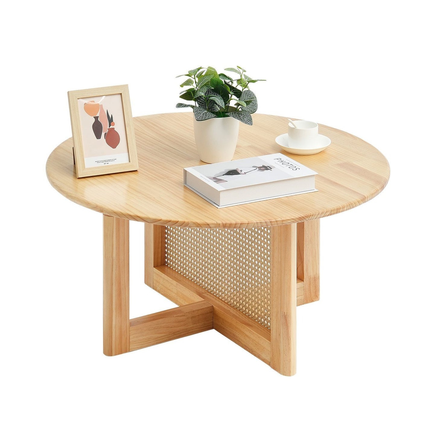 Rattan Salontafel – Rotan Tafel – Koffietafel – Woonkamertafel – Bohemian Tafel – Handgemaakt PE Rattan Onderstel – Rubbenhouten Tafelblad 83 cm