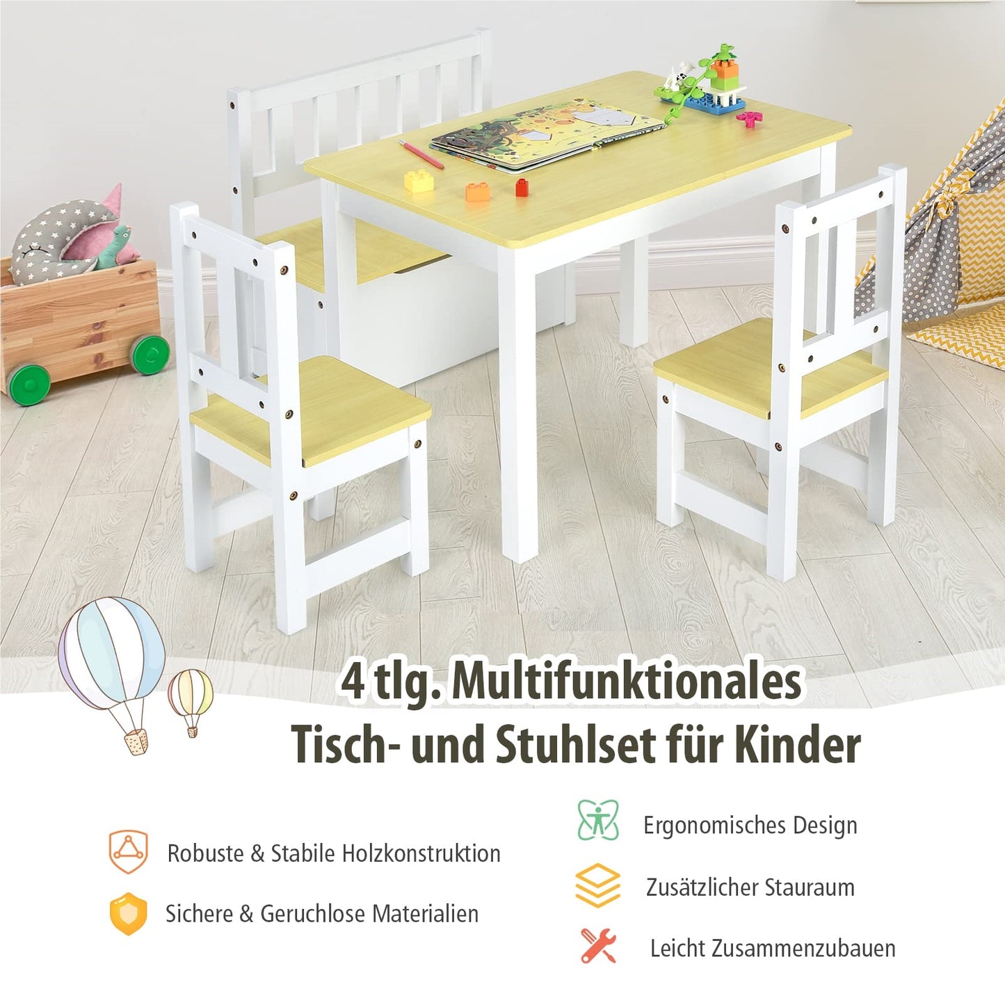 Kinderzitset – Kindertafel Set – Kindertafel Met Stoeltjes – Houten Kindertafel – Opbergbankje – Natuurlijk Grenen Hout – Met Opbergruimte En Ergonomisch Design