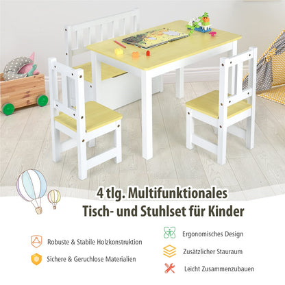Kinderzitset – Kindertafel Set – Kindertafel Met Stoeltjes – Houten Kindertafel – Opbergbankje – Natuurlijk Grenen Hout – Met Opbergruimte En Ergonomisch Design