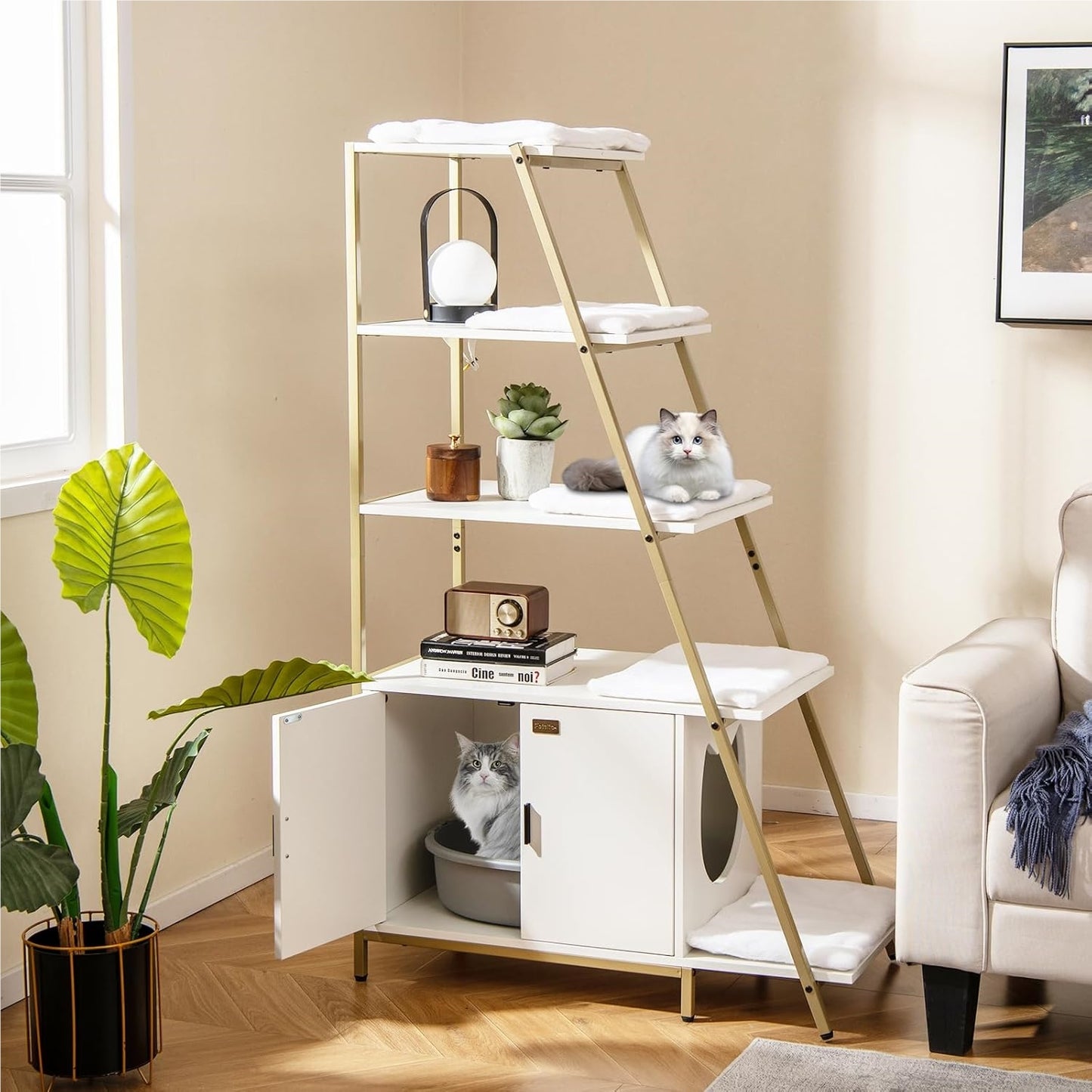 Kattentoiletkast – Kattenbakmeubel – Kattenkast – Kattenbakkast – Kattenhuis – Met 5 Wasbare Pluche Matten – Verstelbare Voeten & Ventilatieopeningen – Wit