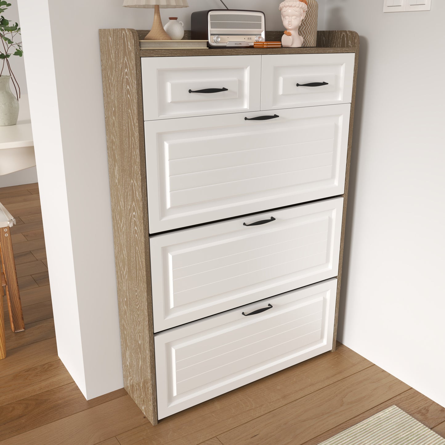 Schoenenkast – Schoenenrek – Schoenenopberger – Schoenenbank – Schoenenkast – 3 Draaibare Kleppen – 2 Lades – Wit Met Natuurlijke Houtlook – Compact 80x23,5x131 cm