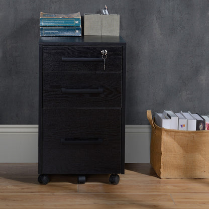 bureaukastje – ladekastje – opbergkast – rolcontainer – bureau-organizer – 3 lades met slot – verrijdbaar met wieltjes – MDF zwart – compact design 39x40x65 cm