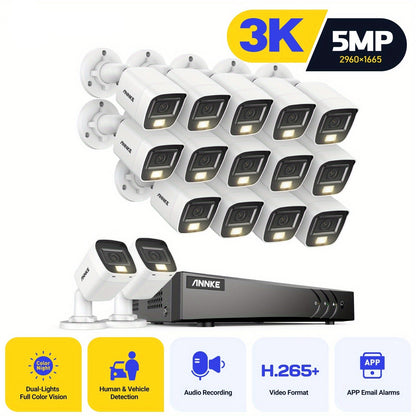 Bewakingscamera – Beveiligingscamera – Camerabewaking – Buitencamera – CCTV Camera – 16-kanaals DVR – 3K 5MP Resolutie & Kleurennachtzicht met Audio