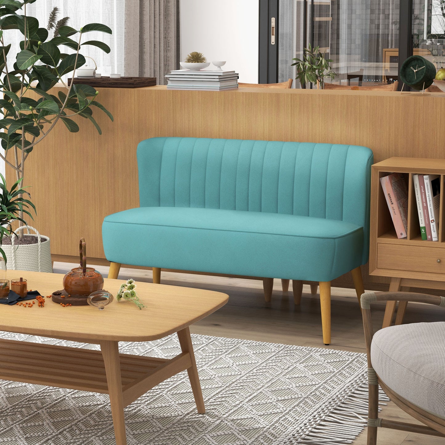 2-zitsbank – Tweezitsbank – Sofa – Zitbank – Linnen Bank – Retro Design – Houten Poten – 117x56,5x77 cm – Groen