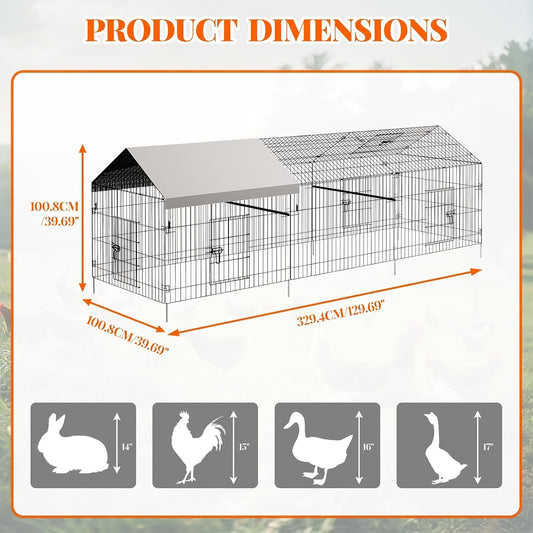 Verplaatsbare Kippenren – Kippenhok – Pluimvee Ren – Gevogelte Kooi – Dierenren – 300x100x100 cm – Stevige Metalen Constructie – Makkelijk Zonder Gereedschap In Elkaar Te Zetten