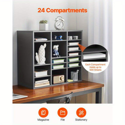 Houten Organizer – Boekhouder – Tijdschrifthouder – Documentenrek – Opbergmeubel – 24 Verstelbare Planken – Grijs Fiberboard – Compact & Duurzaam