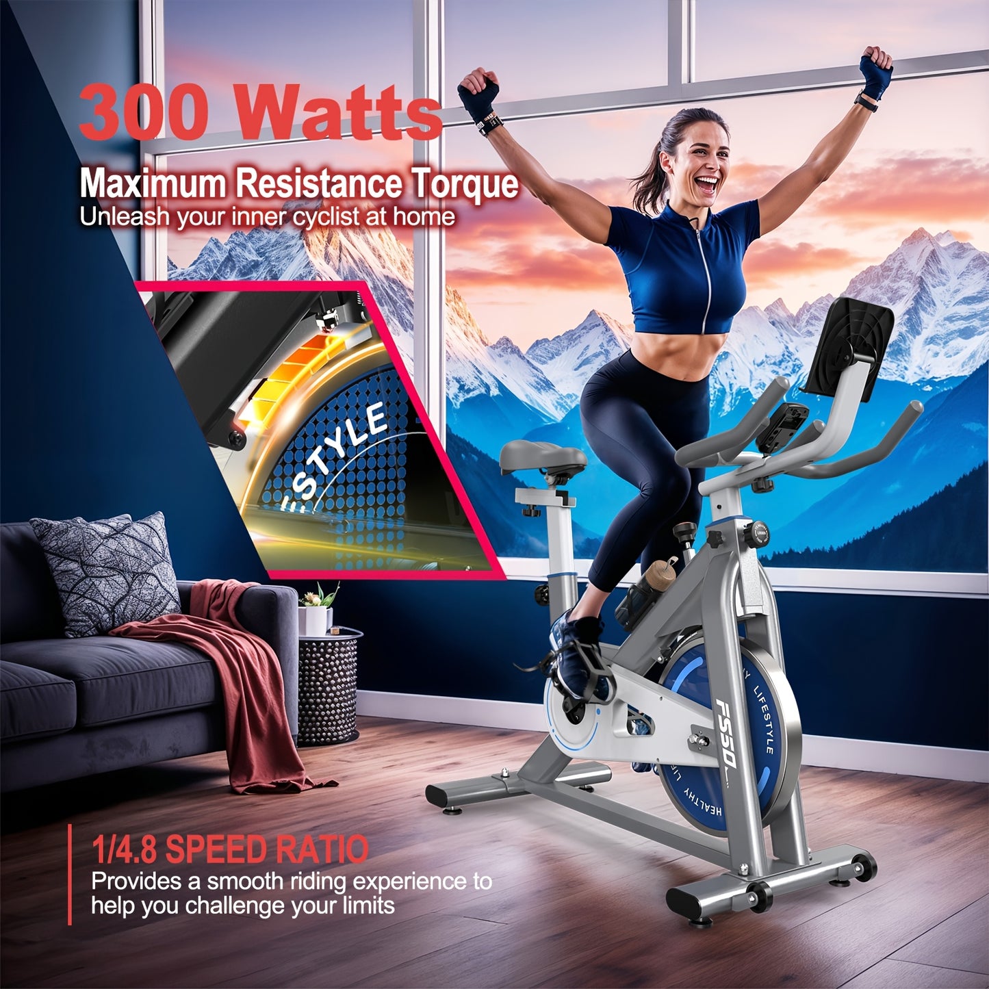 Vowvit Exercise Bike with 300 Watt Resistance Torque, 4-Way Fully Adjustable Ergometer Home Trainer Bicycle, Indoor Fitness Bikes with RPM Display, Large Tablet Holder, 150 kg Load Capacity, Without Battery