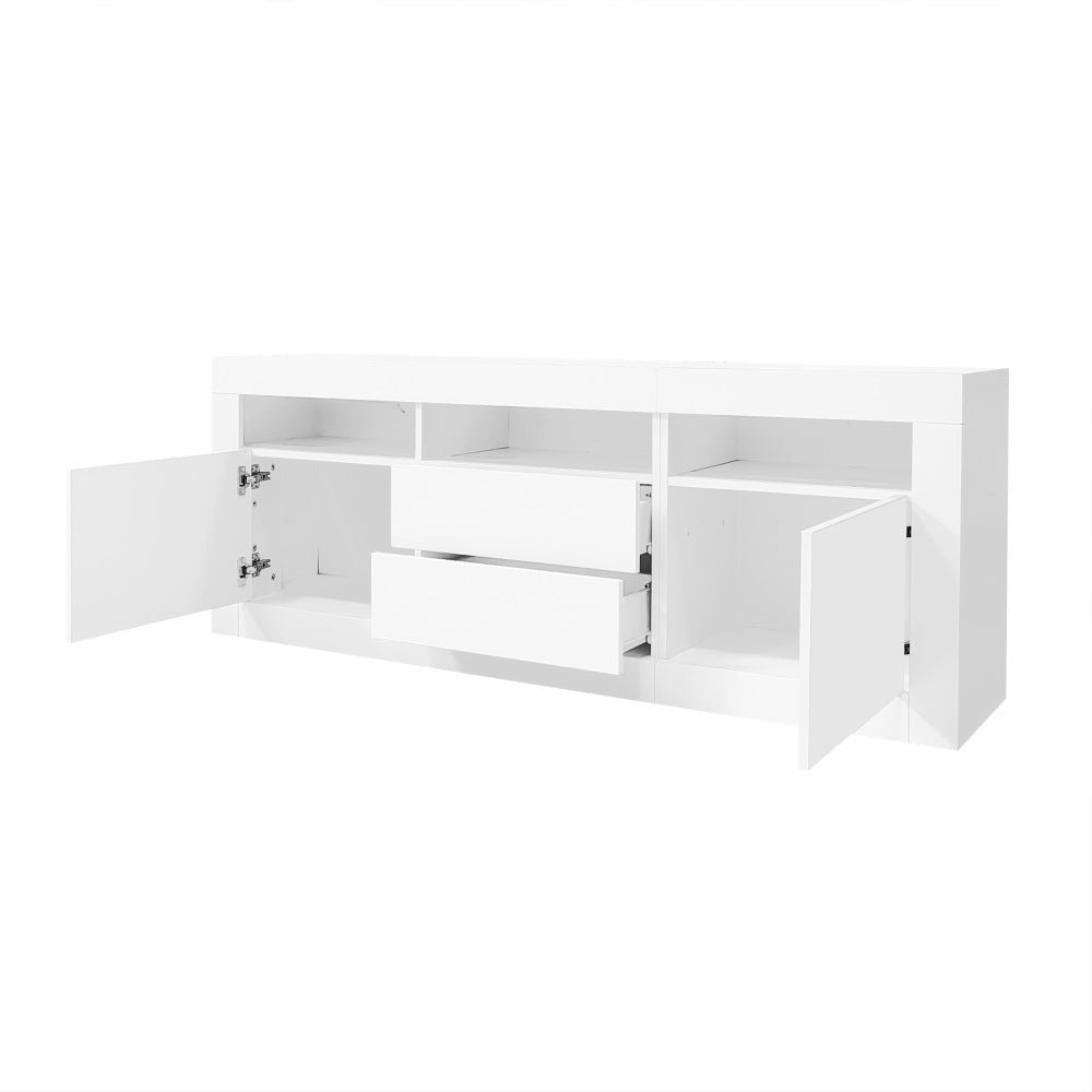 Modern High-Gloss Metal TV Stand for 70-Inch TVs with 3 Open Shelves, 2 Doors & 2 Drawers - Heavy-Duty Storage Entertainment Center, Minimalist Media Console for Living Room, Durable Metal Construction, Space-Saving Design, E