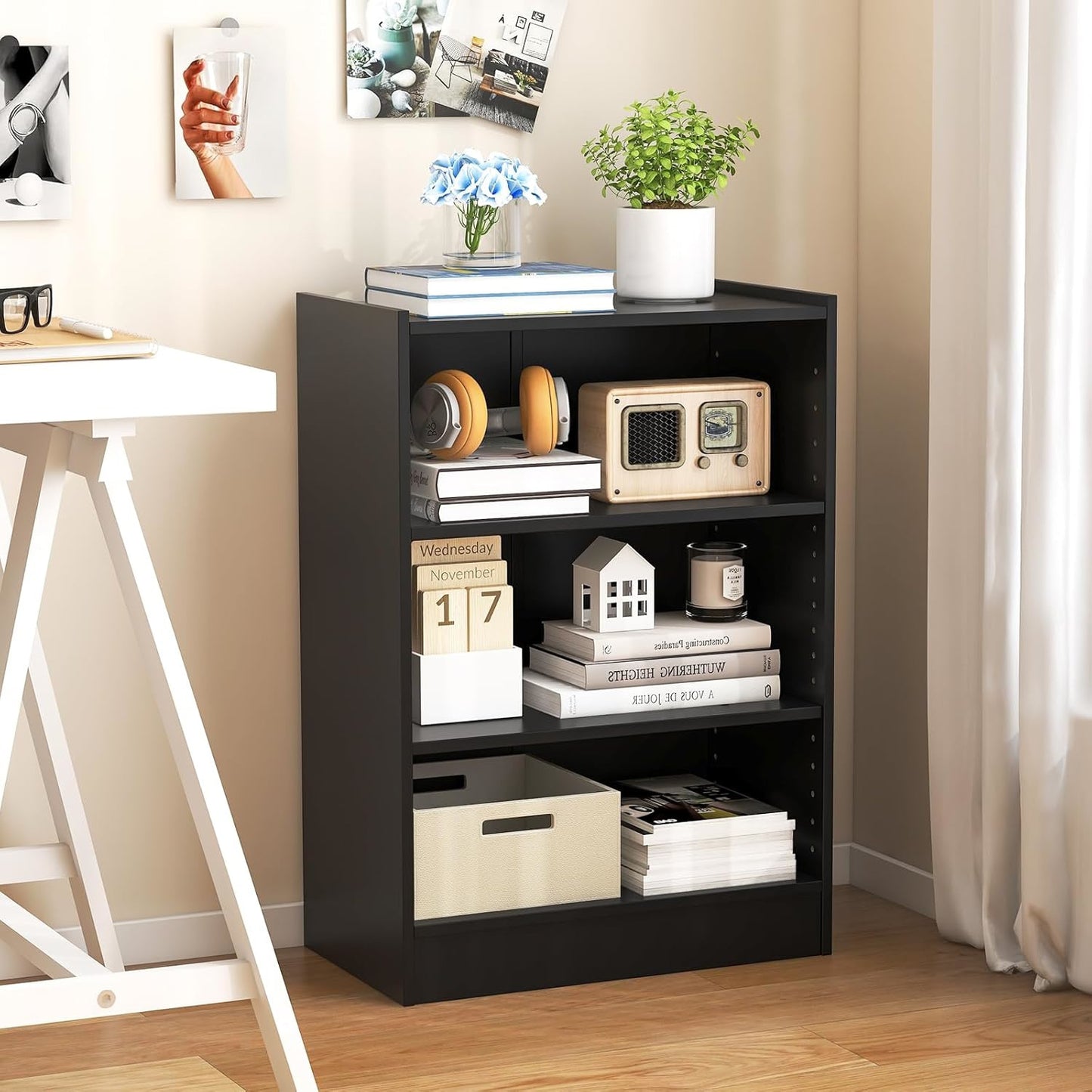 Boekenkast – Vitrinekast – Opbergkast – Wandrek – Openkast – 3-vaks Verstelbare Planken – Water- en Krasbestendig Zwart