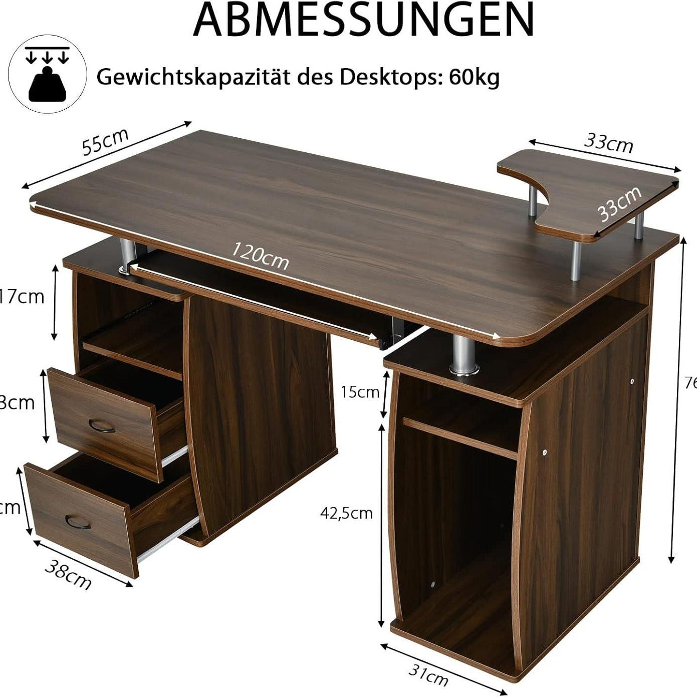 Computerbureau – Bureautafel – Werkplek Meubel – PC Tafel – Laptop Bureau – Met Toetsenbordlade – MDF Bruin 120x55 cm