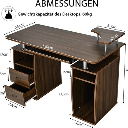 Computerbureau – Bureautafel – Werkplek Meubel – PC Tafel – Laptop Bureau – Met Toetsenbordlade – MDF Bruin 120x55 cm