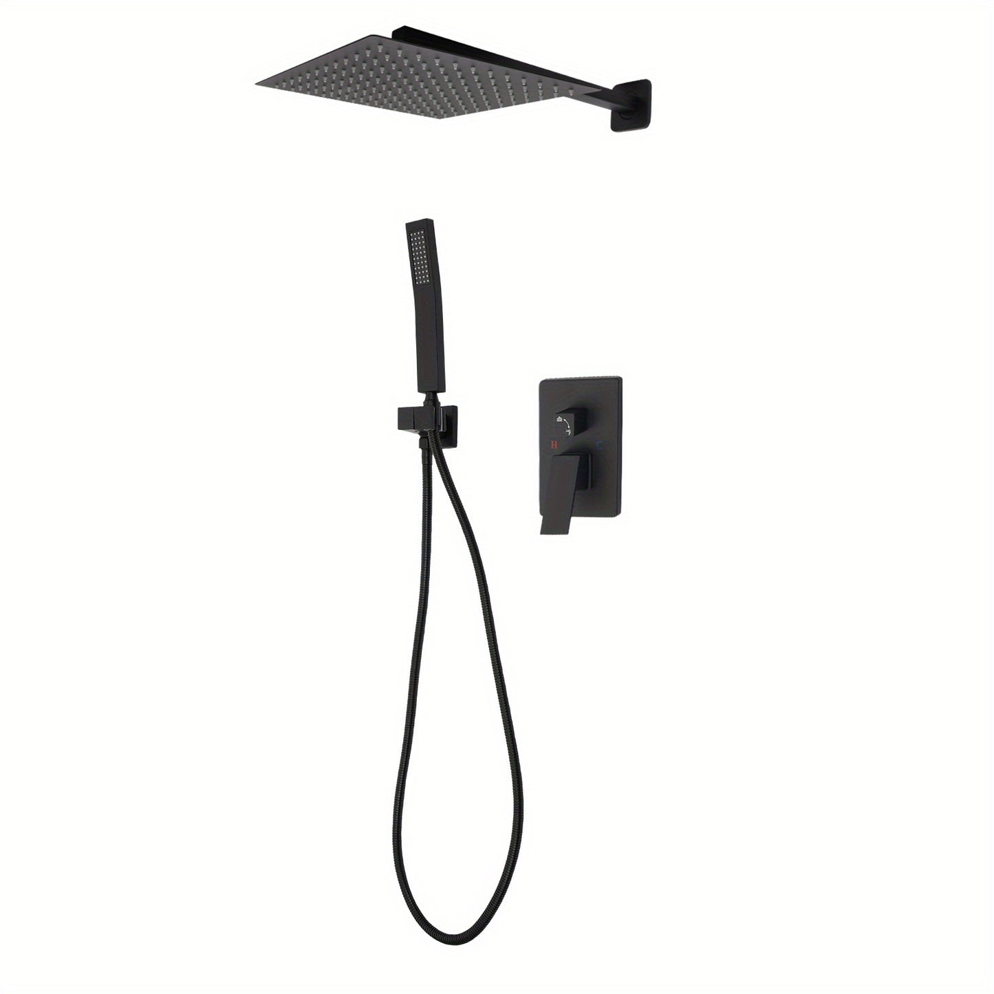 Regendouche – Regenval Douche – Doucheset – Douchekop – Douchekolom – Mat Zwart – 30 cm Hoofddouche – RVS en Messing