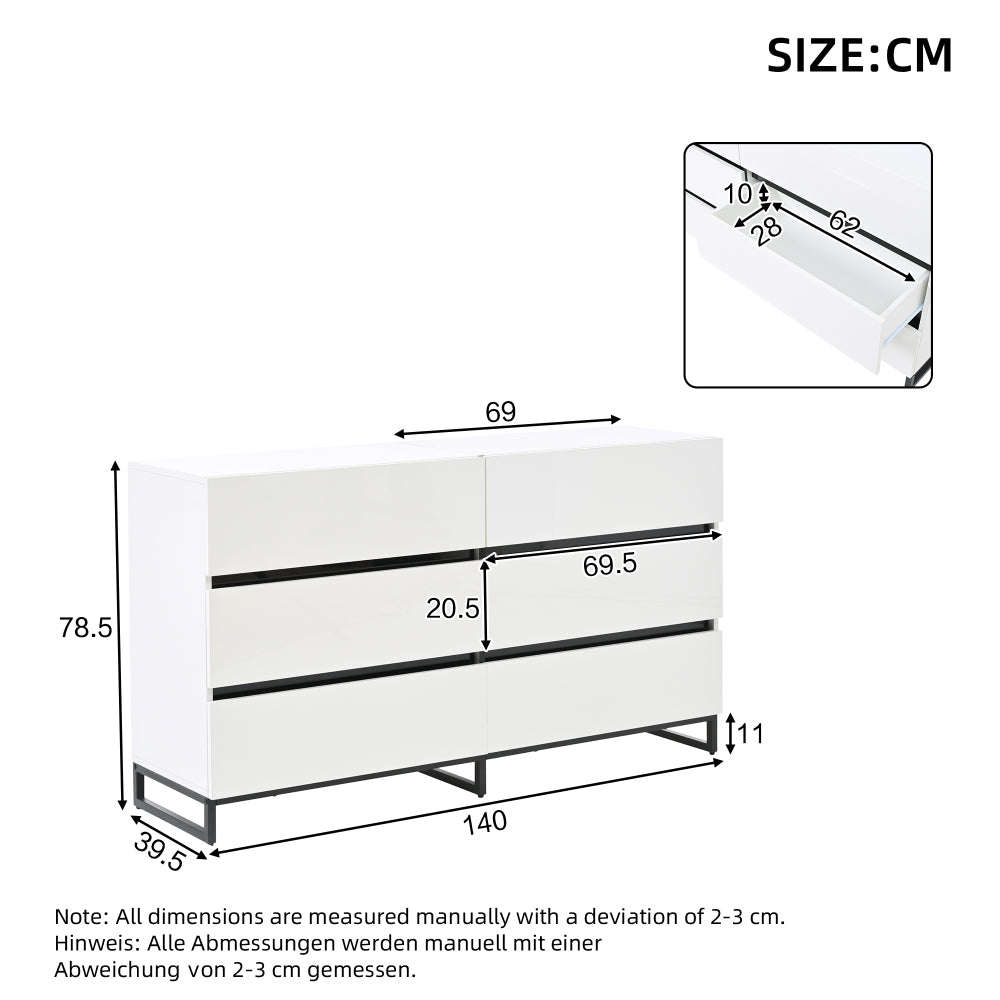 Kast – Opbergkast – Dressoir – Ladekast – Sideboard – Hoogglans Wit – 6 Lades – Metalen Poten – Ruime Opbergruimte – Stevige Constructie