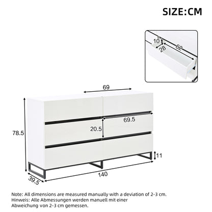 Kast – Opbergkast – Dressoir – Ladekast – Sideboard – Hoogglans Wit – 6 Lades – Metalen Poten – Ruime Opbergruimte – Stevige Constructie