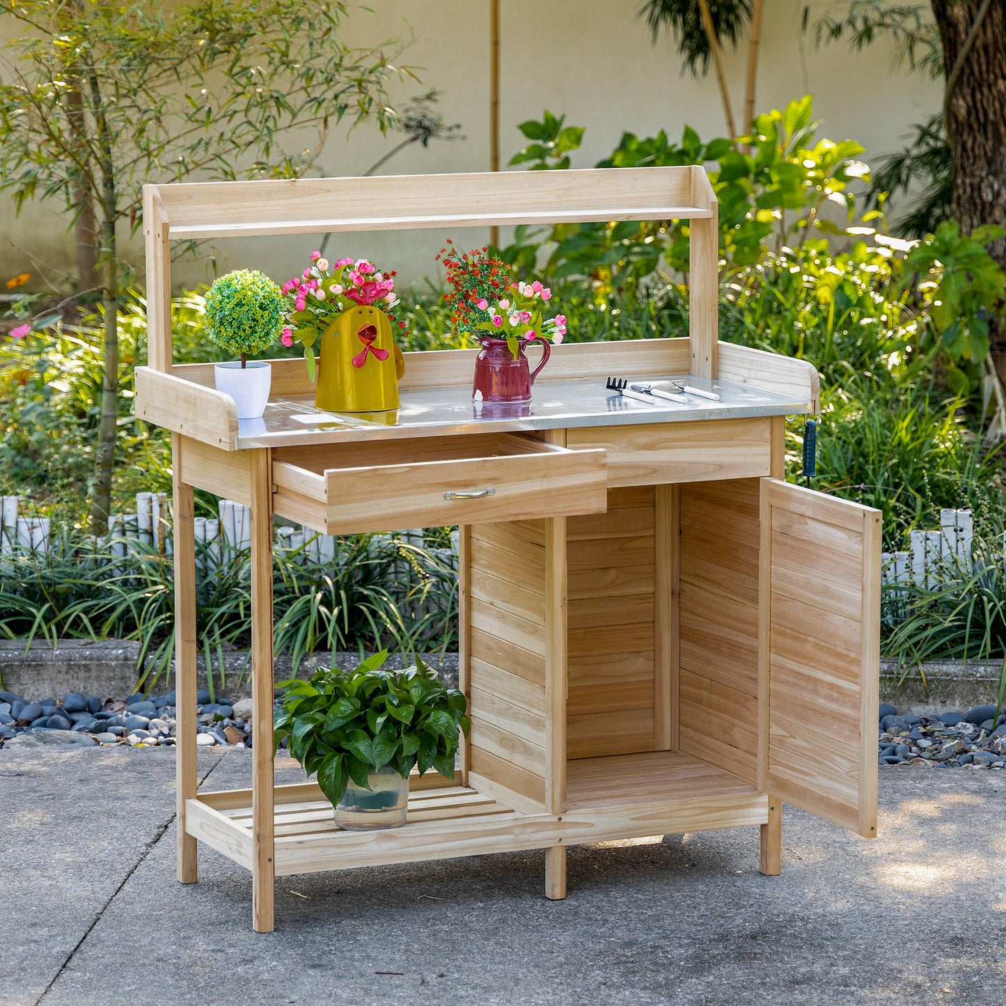 Tuinwerktafel – Tuinbankje – Werkbank – Plantentafel – Vurenhouten Tuinmeubel – Verzinkt Stalen Werkblad Met Rand – Opbergruimte Met Lade En Kastje