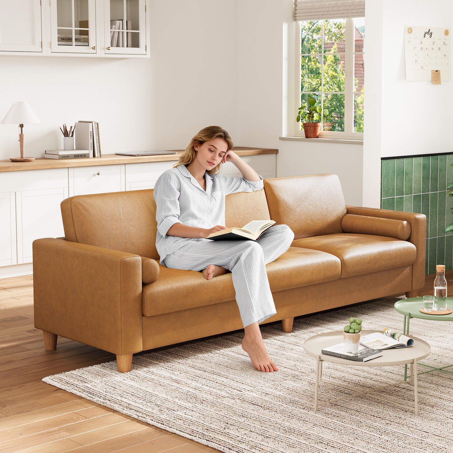 Modern 3-Seater Sofa Couch with Thick PU Leather Cushions & Pillows - -Assembly Wide, Sturdy Frame Suitable for Living Room, Bedroom, Office - Spacious Contemporary Sofa for Families & for While Back (Assembly Required)