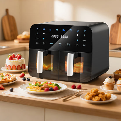 Airfryer – Heteluchtfriteuse – Digital Airfryer – Dubbele Mand – XL Airfryer – 10L Inhoud – 2400W Vermogen – 2×5L Vaatwasserbestendige Manden