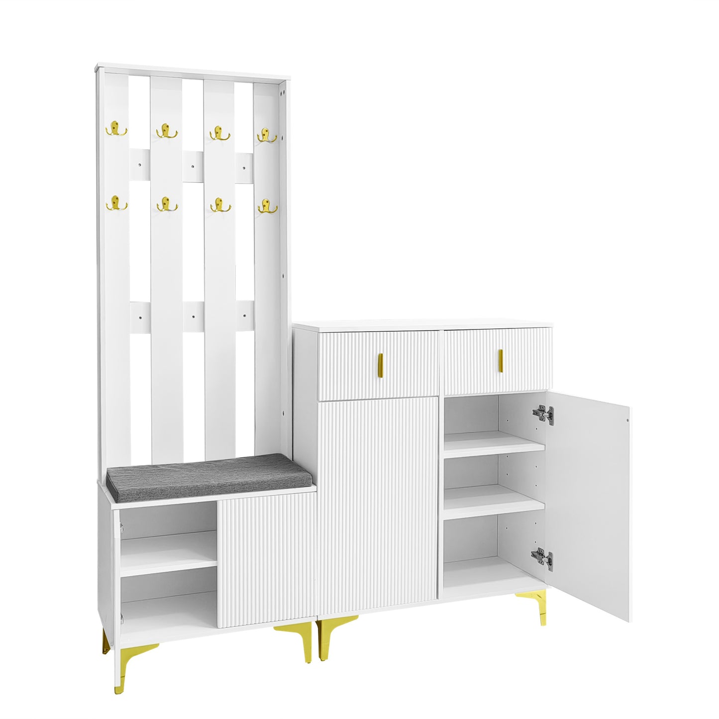 Garderobeset – Kapstok – Schoenenkast – Schoenenbank – Halmeubel – Zwart Met Gouden Accenten – Push-to-Open Lades – Gestoffeerde Zitkussen
