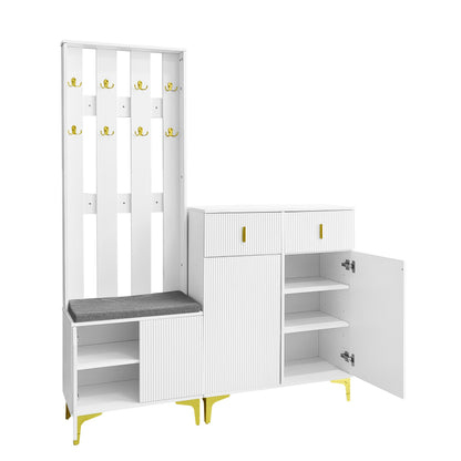 Halmeubel Set – Halmeubelcombinatie – Schoenenkast – Garderobekast – Schoenenbank – Wit – Goudkleurige Haken – Comfortabel Zithoek Met Kussen