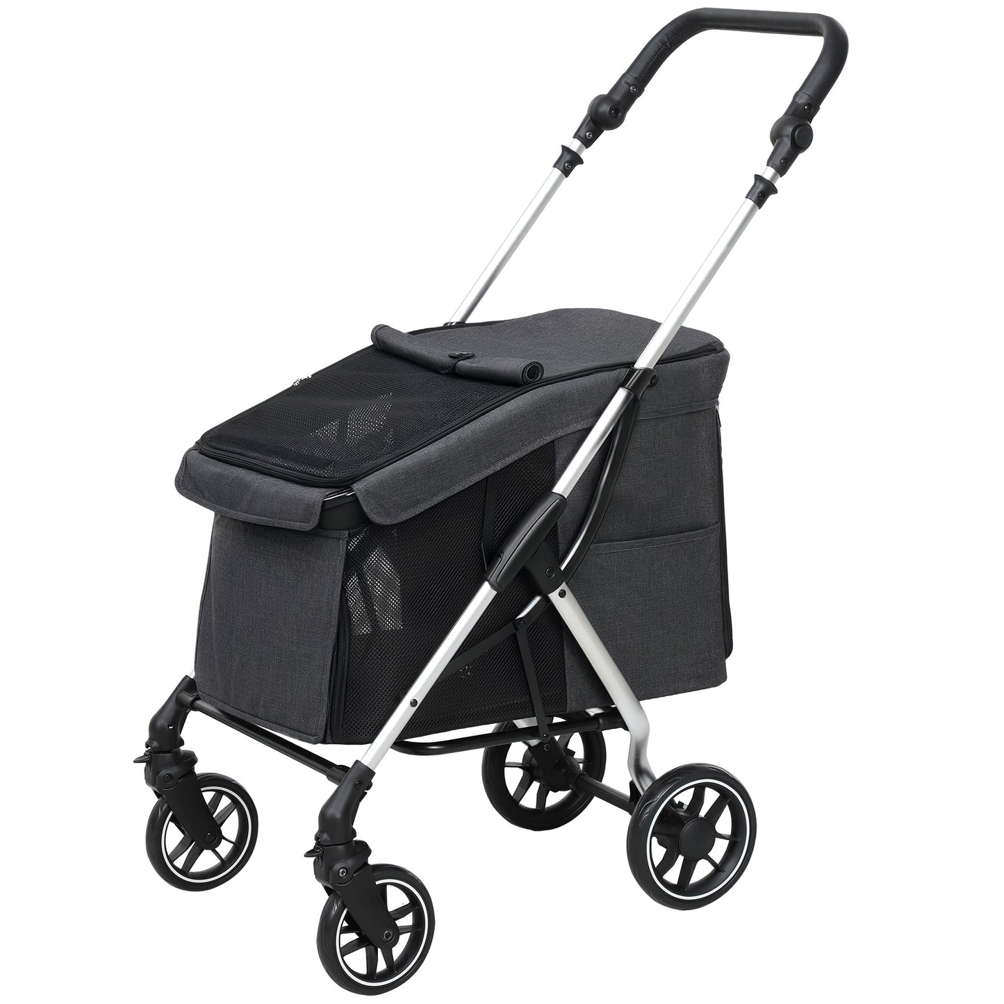 Hondenwagen – Hondenbuggy – Dierenwagen – Hondentransportwagen – Lichtgewicht – Opvouwbaar – Wasbaar Kussen – Ventilerende Gaasramen – Grijs