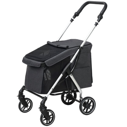 Hondenwagen – Hondenbuggy – Dierenwagen – Hondentransportwagen – Lichtgewicht – Opvouwbaar – Wasbaar Kussen – Ventilerende Gaasramen – Grijs
